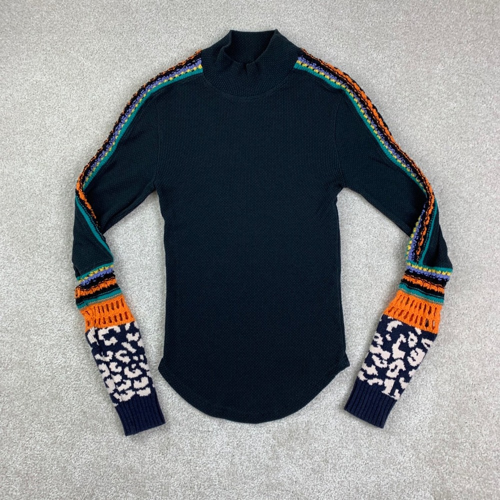 Free People Thermal Top Womens XS Black Crochet Rainbow Leopard Mock Neck
